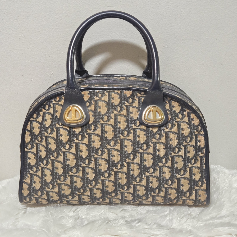 Dior Vintage Tan & Navy Blue Monogrammed Bowling Style Satchel